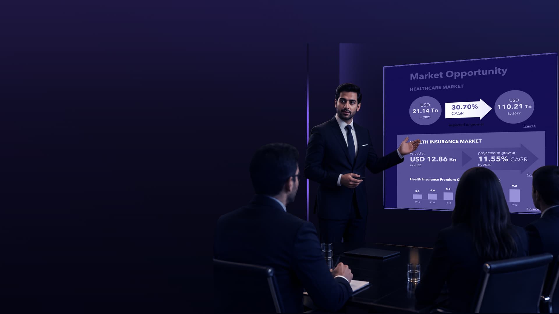 Founder presenting an investor pitch deck in a boardroom