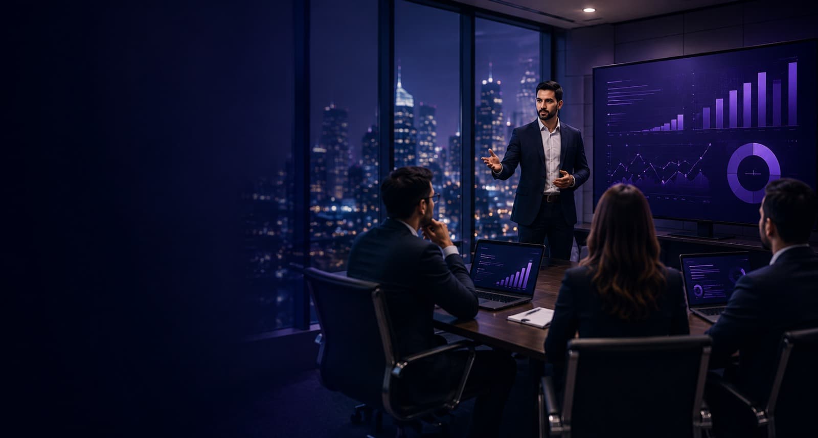 Founder presenting investor pitch deck in a boardroom