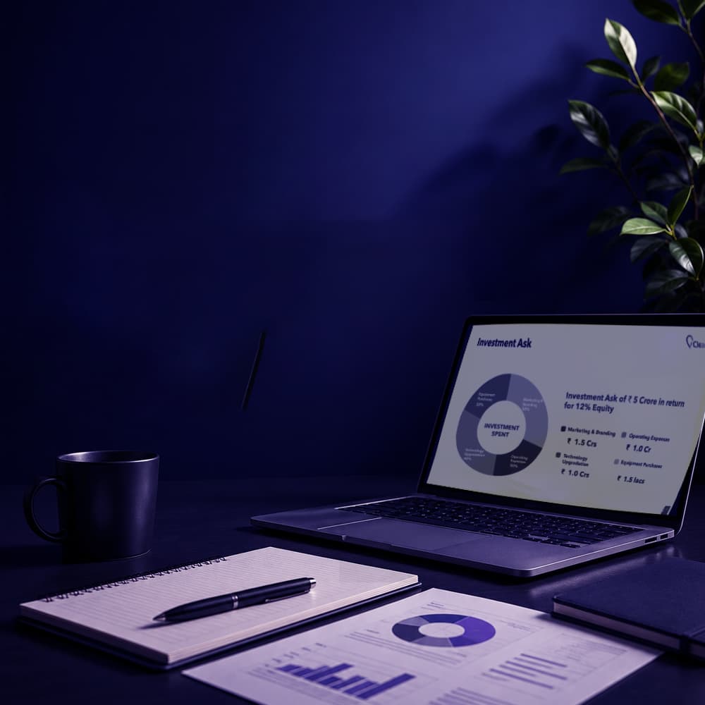 Business plan investment-ask slide on a laptop